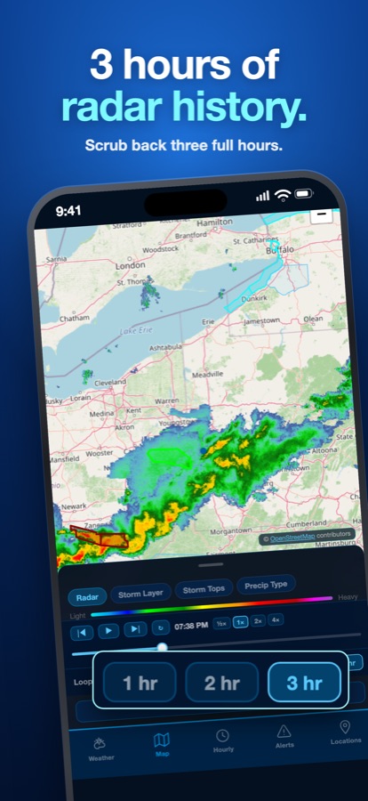 Three hours of NEXRAD radar history with a storm crossing the map