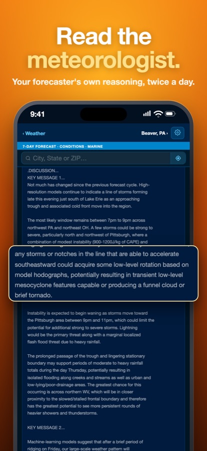 The Area Forecast Discussion, highlighting a forecaster's note about a possible funnel cloud