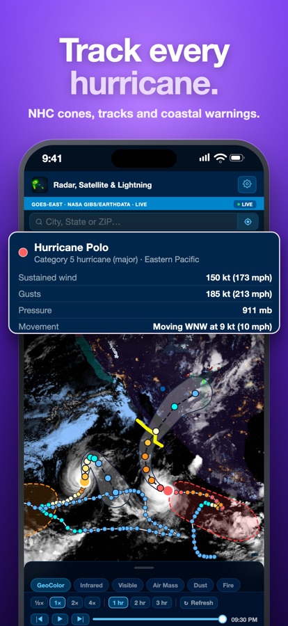 Hurricanes Polo and Odalys on GOES-East satellite imagery with National Hurricane Center forecast cones, and Polo's Category 5 storm card