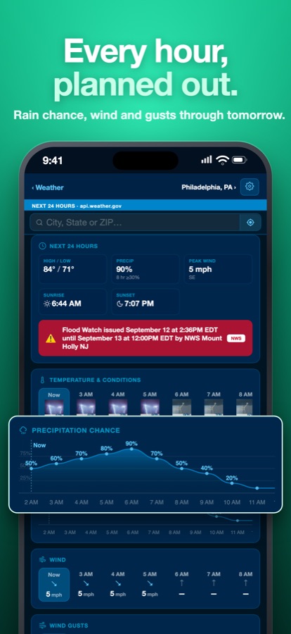 Hourly rain chance, wind and gusts